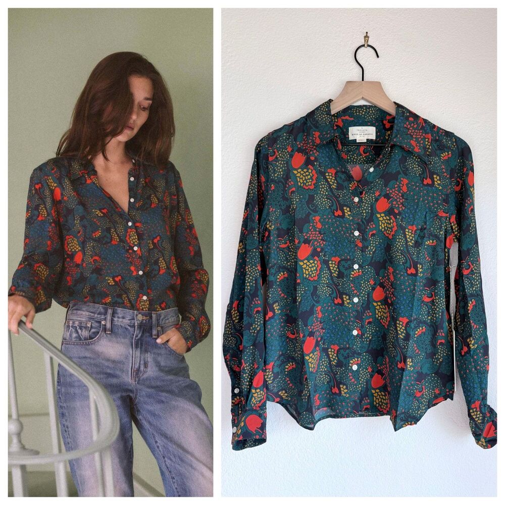 NEW Trovata Birds of Paradis Anthro Silk Blend Jacquelin Shirt in Teal Plume S